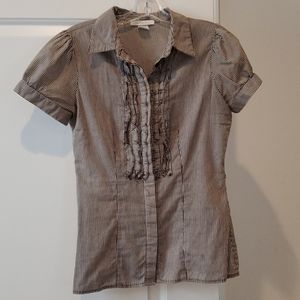 Brown Striped Collared Shirt with Ruffles